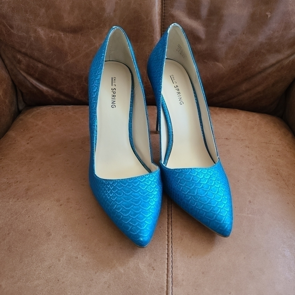 Call It Spring Mermaid Stiletto Heels with Blue Scale Mermaid Print, Size 9 - Picture 2 of 10